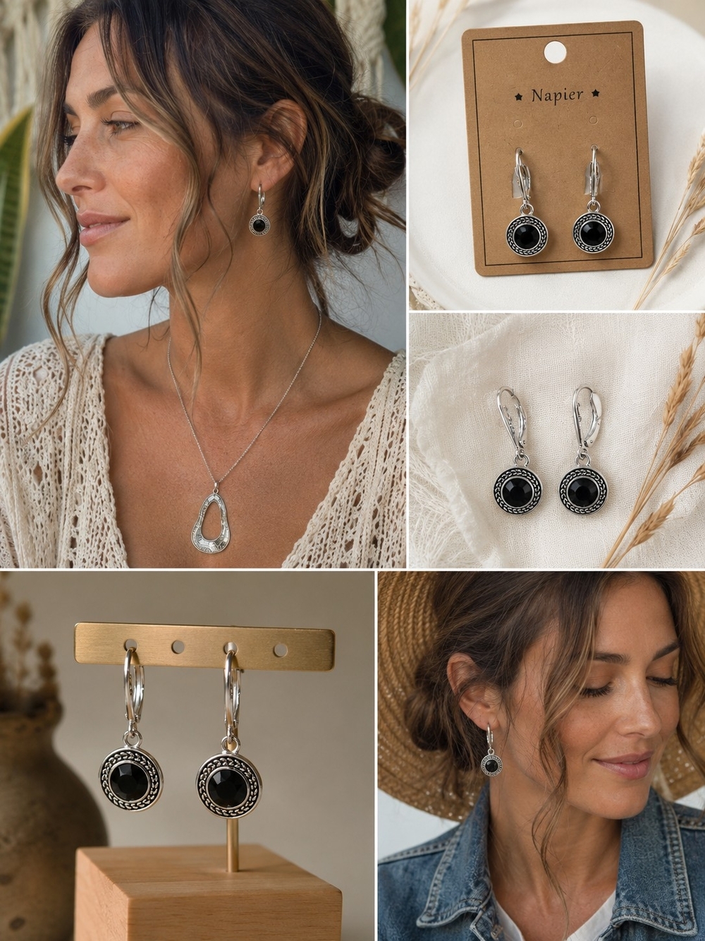 Napier Silver-Tone Black Stone Drop Earrings